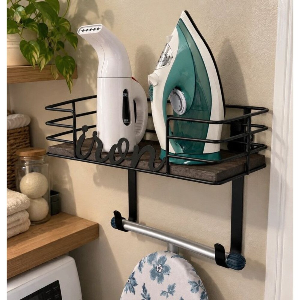 Ironing Board Organizer with Iron Holder, Shelf & Hanger Bar Black -New